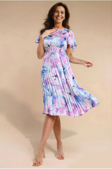Goddiva Flutter Sleeve Pleated Skirt Floral Midi Dress - Blue