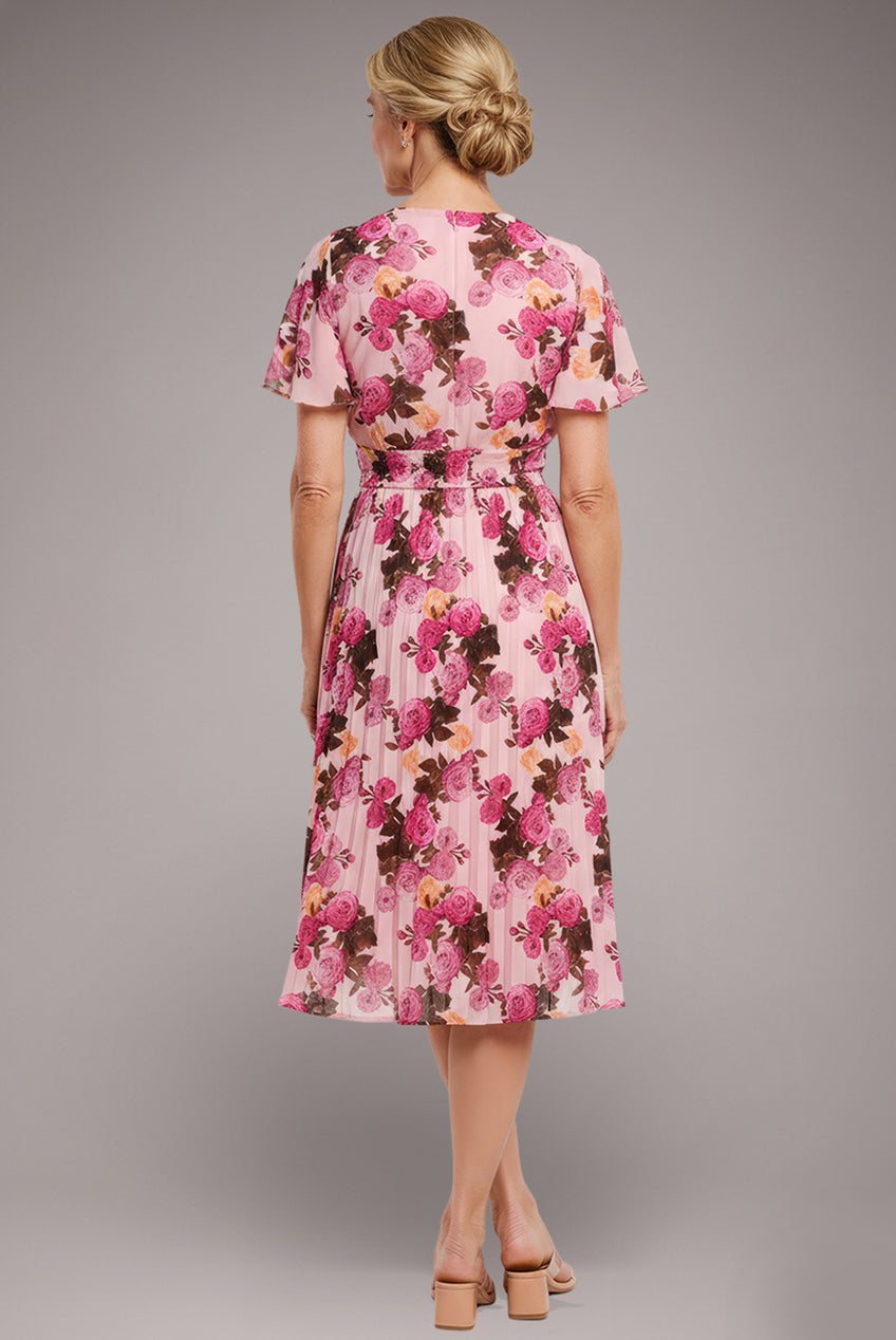 Goddiva Flutter Sleeve Pleated Skirt Floral Midi Dress - Pink