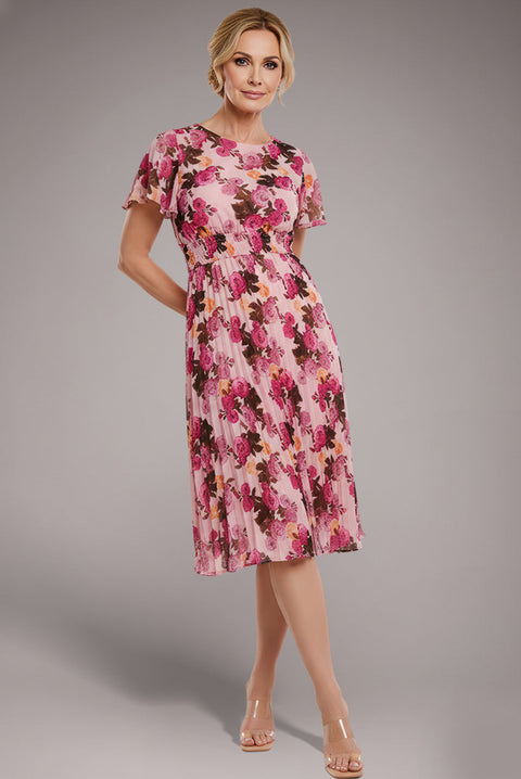 Goddiva Flutter Sleeve Pleated Skirt Floral Midi Dress - Pink