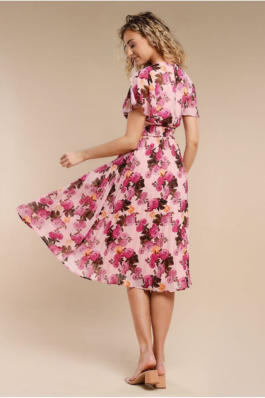 Goddiva Flutter Sleeve Pleated Skirt Floral Midi Dress - Pink