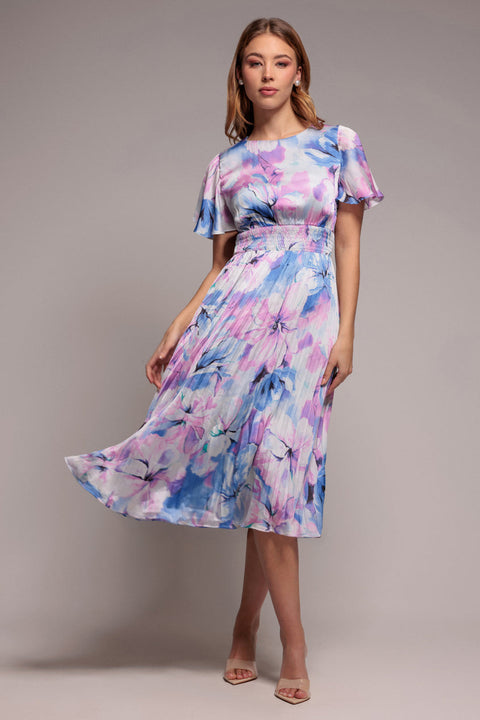 Goddiva Flutter Sleeve Pleated Skirt Floral Midi Dress - Blue