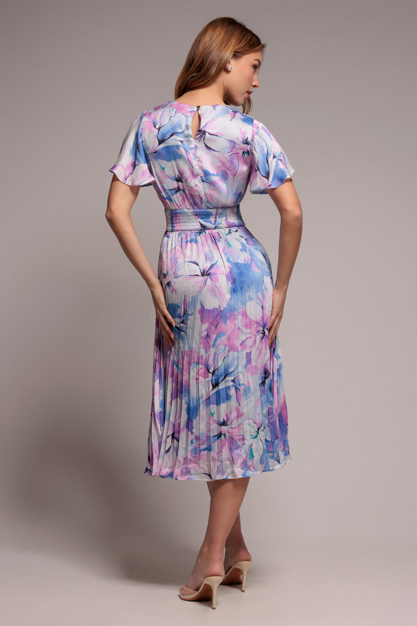 Goddiva Flutter Sleeve Pleated Skirt Floral Midi Dress - Blue