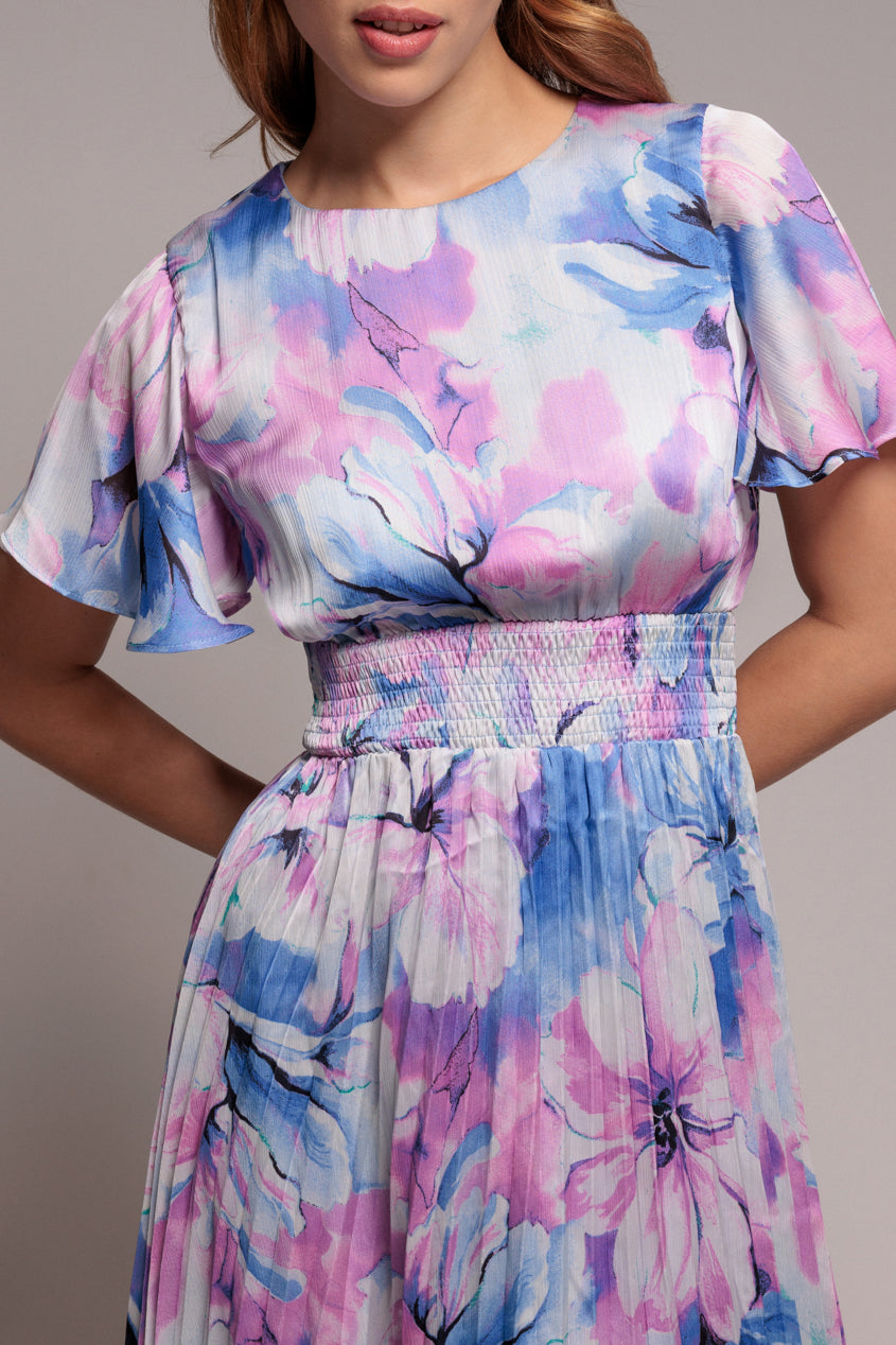 Goddiva Flutter Sleeve Pleated Skirt Floral Midi Dress - Blue