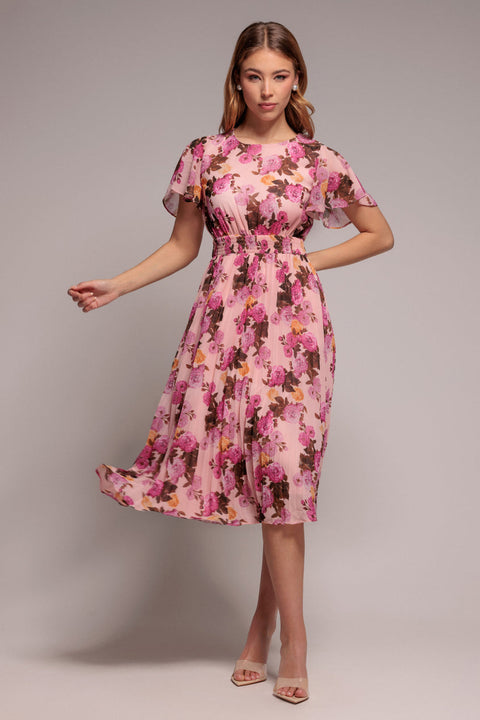 Goddiva Flutter Sleeve Pleated Skirt Floral Midi Dress - Pink