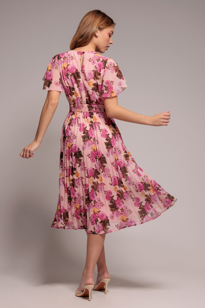Goddiva Flutter Sleeve Pleated Skirt Floral Midi Dress - Pink