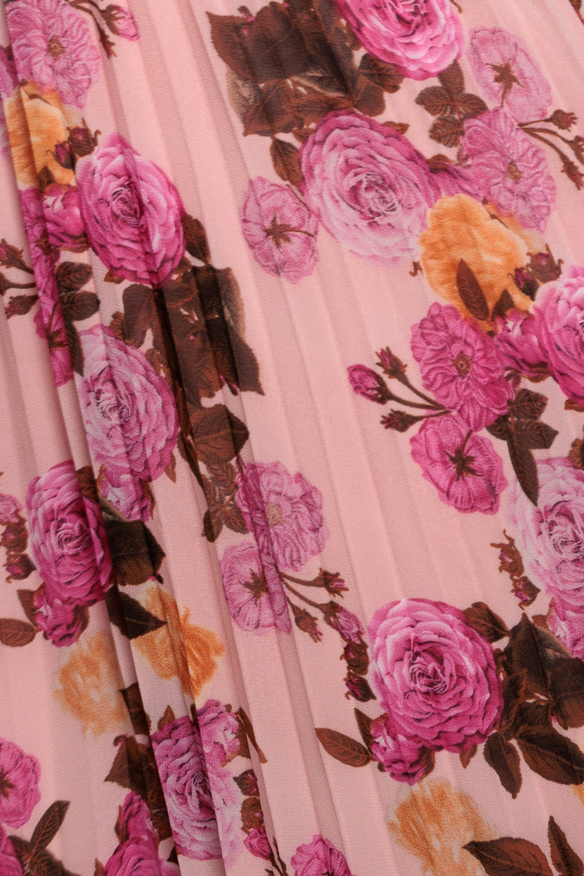 Goddiva Flutter Sleeve Pleated Skirt Floral Midi Dress - Pink