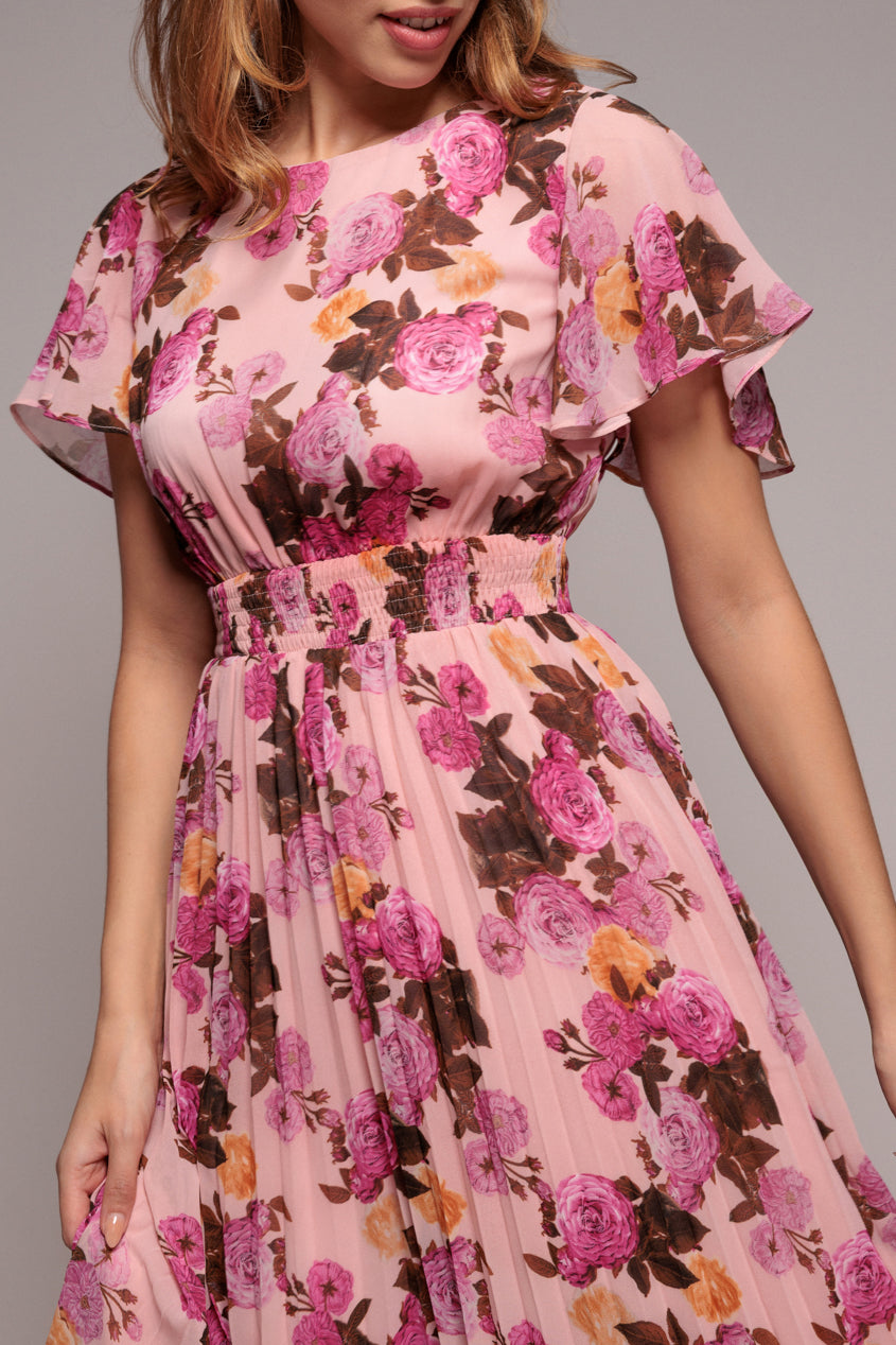 Goddiva Flutter Sleeve Pleated Skirt Floral Midi Dress - Pink