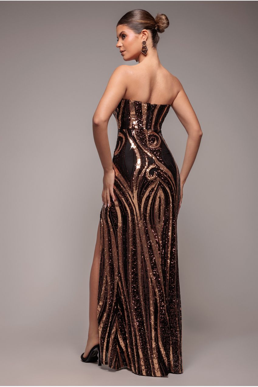 Goddiva Strapless Multi Sequin Maxi Dress - Bronze