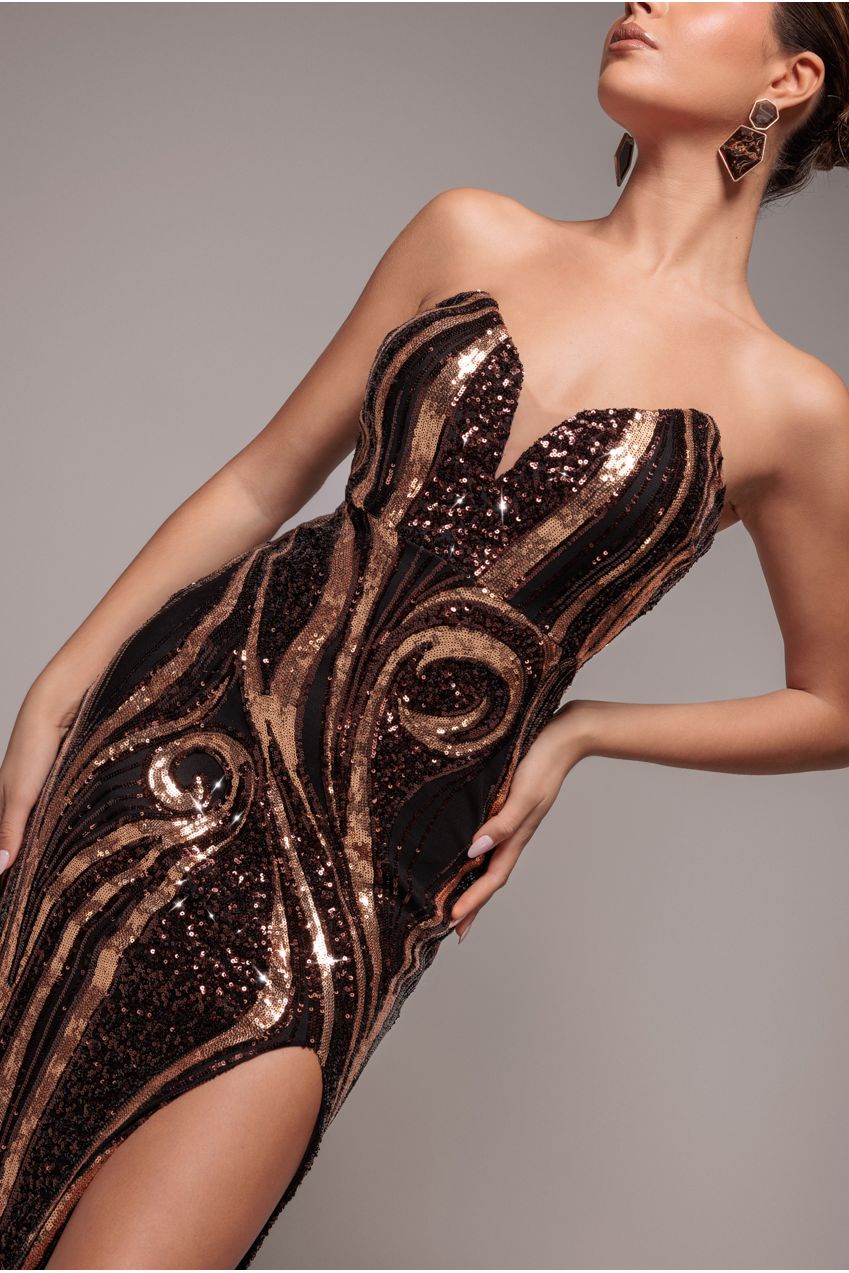 Goddiva Strapless Multi Sequin Maxi Dress - Bronze