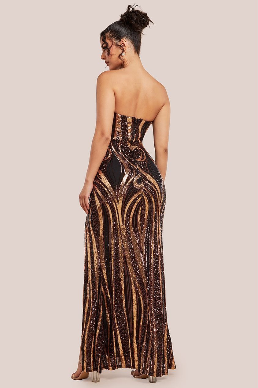 Goddiva Strapless Multi Sequin Maxi Dress - Bronze