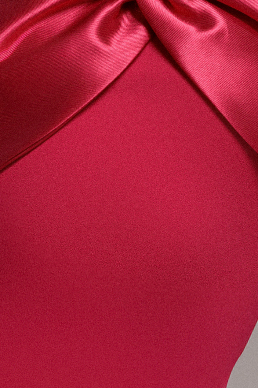 Goddiva Twist Knot Satin & Scuba Bardot Maxi Dress - Magenta