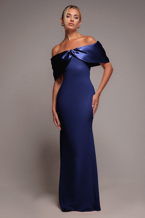 Goddiva Twist Knot Satin & Scuba Bardot Maxi Dress - Navy Blue