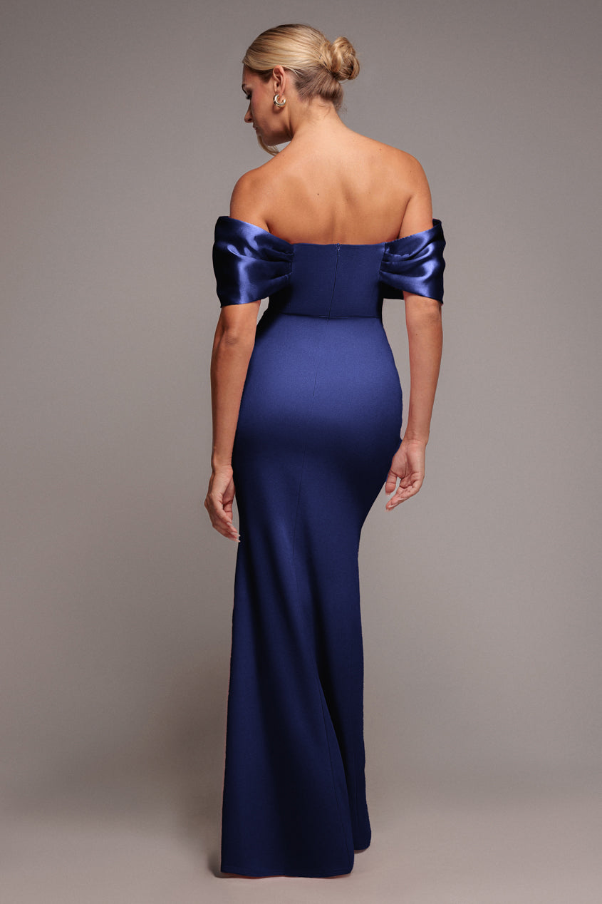 Goddiva Twist Knot Satin & Scuba Bardot Maxi Dress - Navy Blue