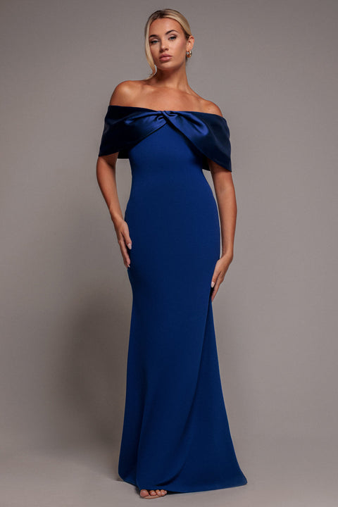 Goddiva Twist Knot Satin & Scuba Bardot Maxi Dress - Royal Blue