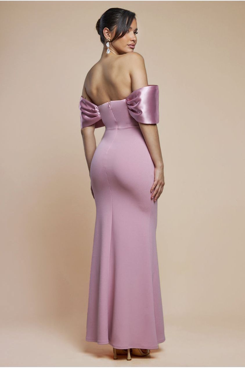 Goddiva Twist Knot Satin & Scuba Bardot Maxi Dress - Blush Pink