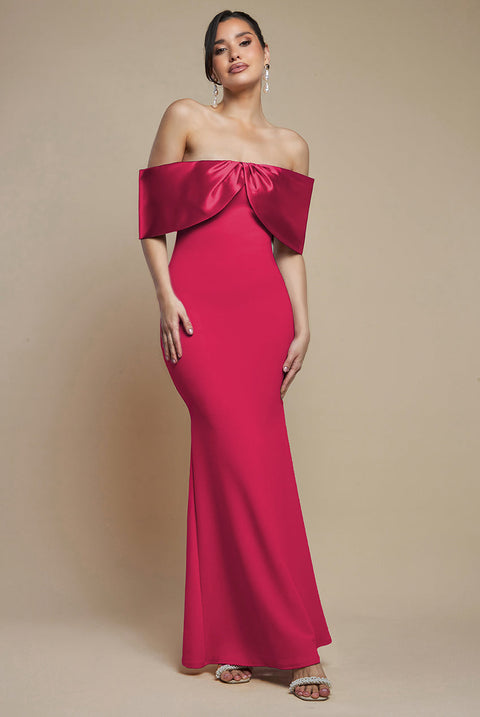 Goddiva Twist Knot Satin & Scuba Bardot Maxi Dress - Magenta