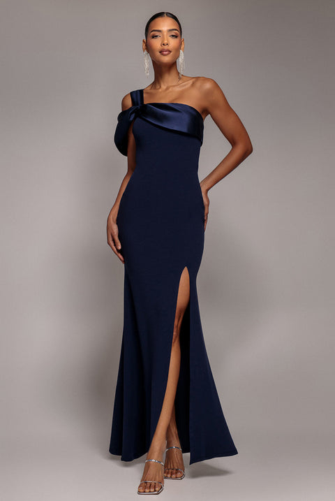 Goddiva Satin Twist One Shoulder Maxi Dress - Navy Blue