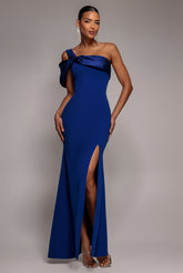 Goddiva Satin Twist One Shoulder Maxi Dress - Royal Blue