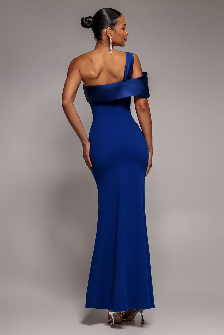 Goddiva Satin Twist One Shoulder Maxi Dress - Royal Blue
