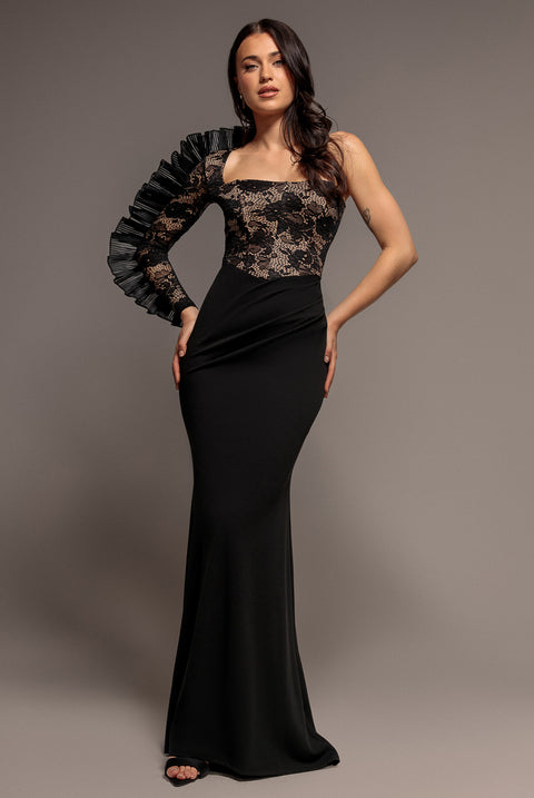 Goddiva One Shoulder Organza Fan Detail Lace Bodice Maxi Dress - Black