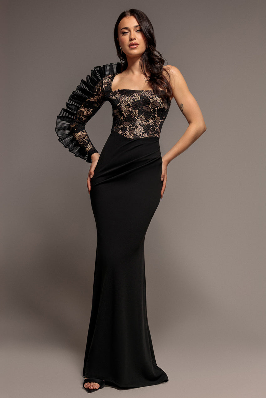 Goddiva One Shoulder Organza Fan Detail Lace Bodice Maxi Dress - Black