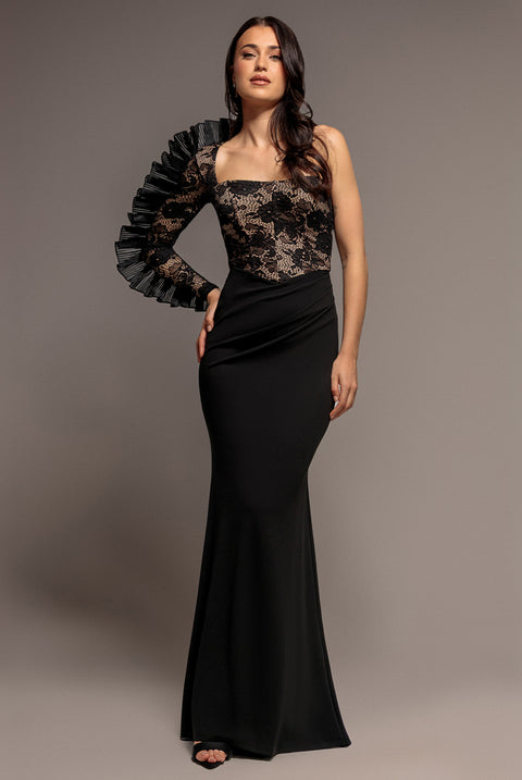 Goddiva One Shoulder Organza Fan Detail Lace Bodice Maxi Dress - Black