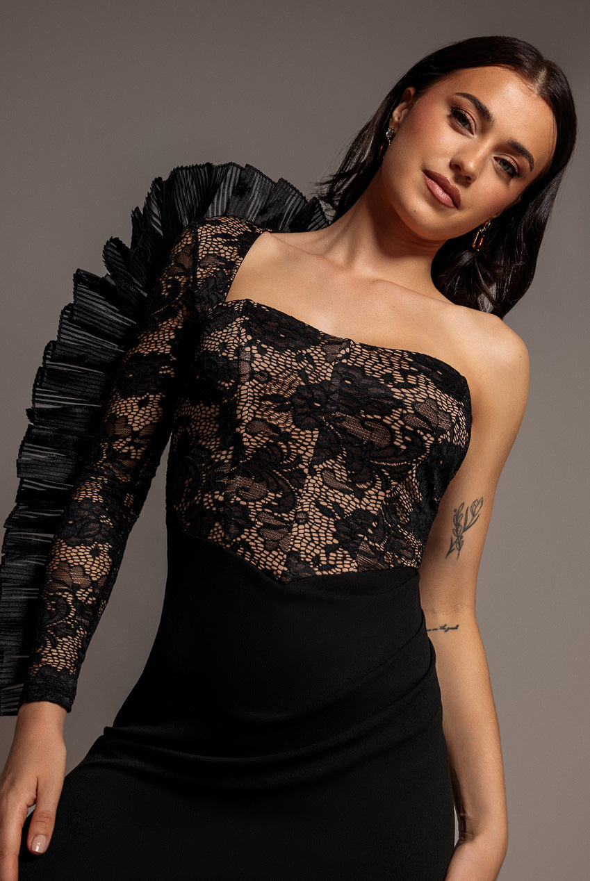 Goddiva One Shoulder Organza Fan Detail Lace Bodice Maxi Dress - Black
