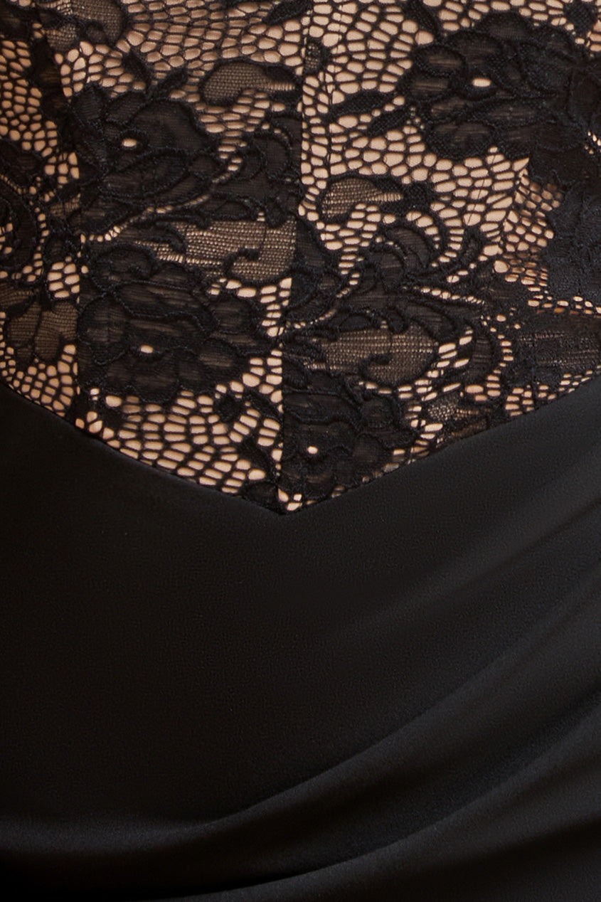 Goddiva One Shoulder Organza Fan Detail Lace Bodice Maxi Dress - Black