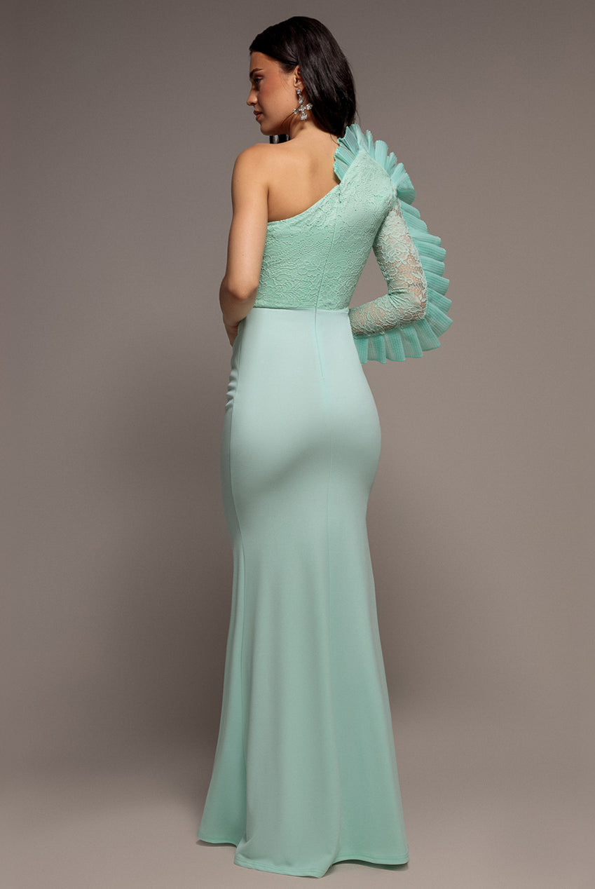 Goddiva One Shoulder Organza Fan Detail Lace Bodice Maxi Dress - Mint Green