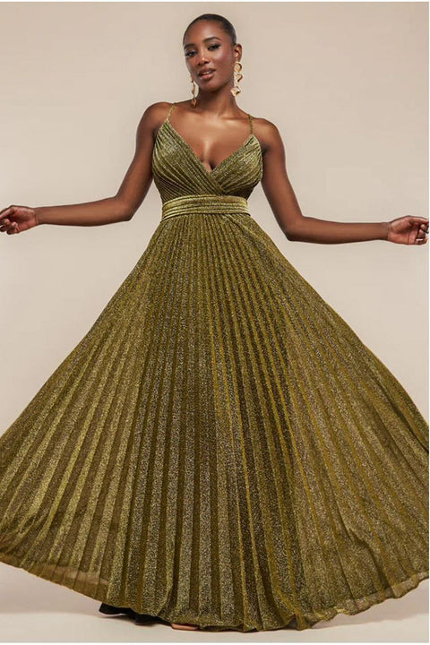 Goddiva Sleeveless Pleated A Line Lurex Maxi Dress - Gold