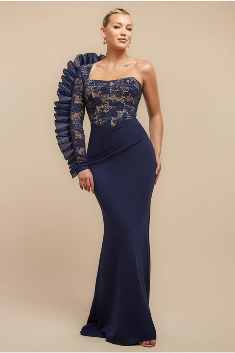 Goddiva One Shoulder Organza Fan Detail Lace Bodice Maxi Dress - Navy Blue