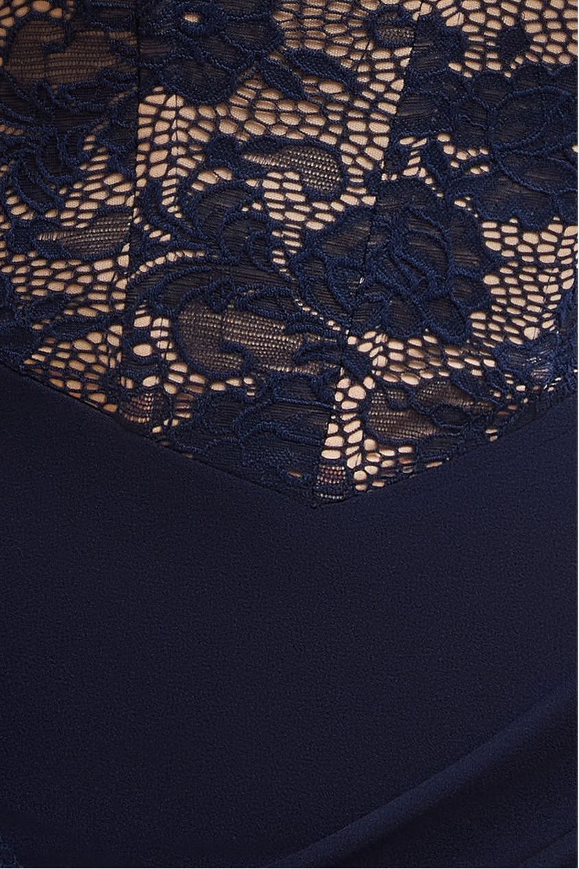 Goddiva One Shoulder Organza  Fan Detail Lace Bodice Maxi Dress - Navy Blue