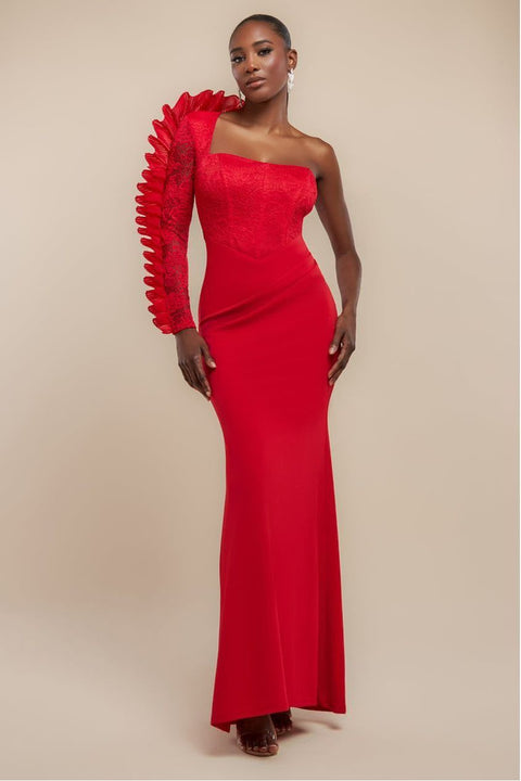 Goddiva One Shoulder Organza Fan Detail Lace Bodice Maxi Dress - Red