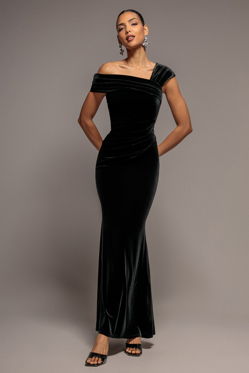 Goddiva One Shoulder Velvet Maxi Dress - Black