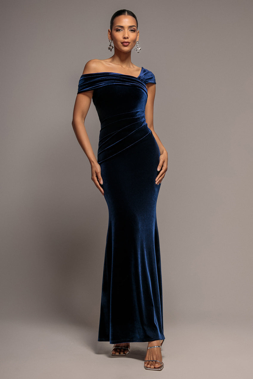 Goddiva One Shoulder Velvet Maxi Dress - Navy