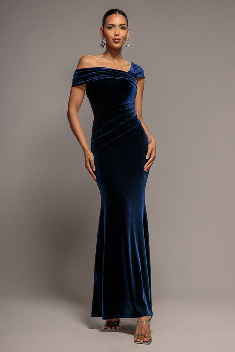 Goddiva One Shoulder Velvet Maxi Dress - Navy