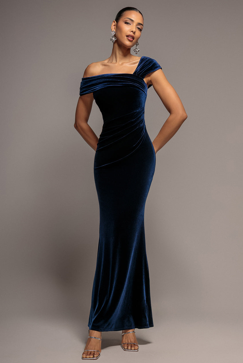 Goddiva One Shoulder Velvet Maxi Dress - Navy
