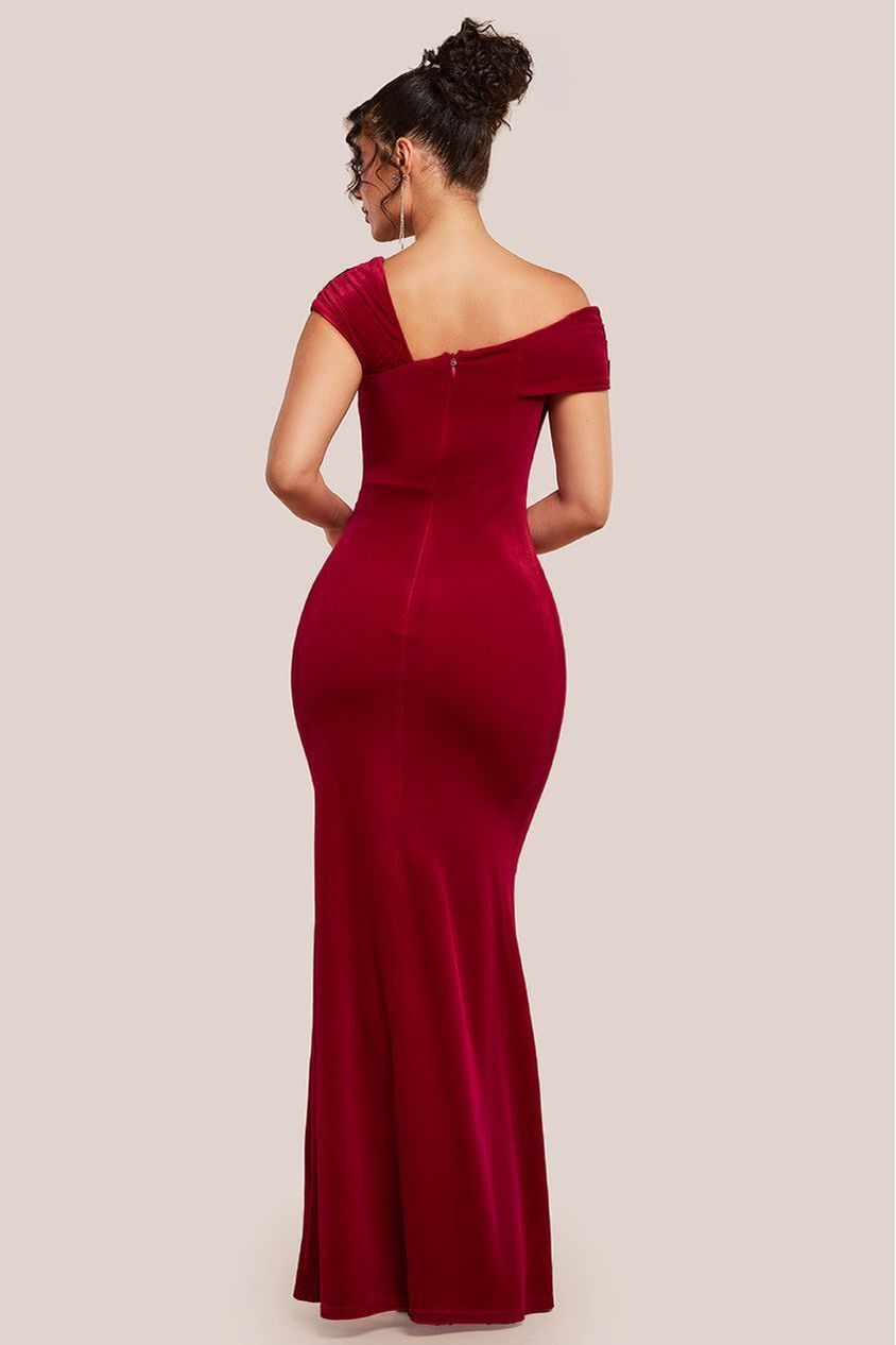Goddiva One Shoulder Velvet Maxi Dress - Red