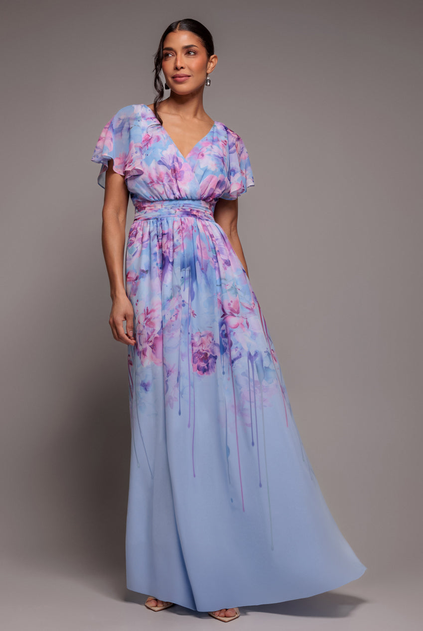 Goddiva Printed Silky Chiffon Flutter Sleeve Maxi Dress - Blue
