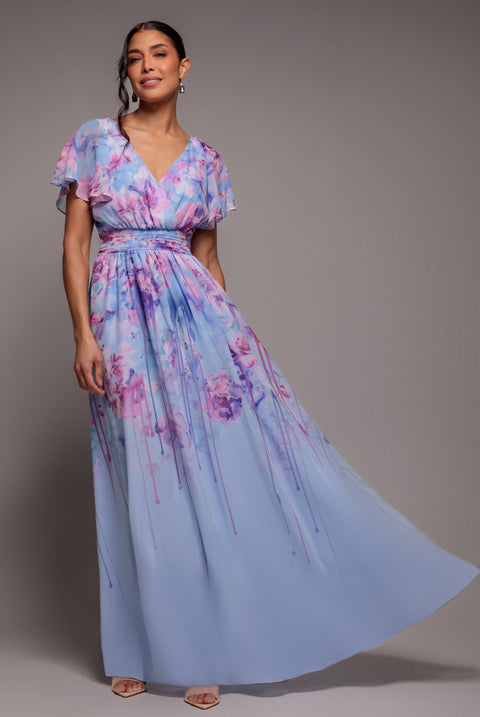 Goddiva Printed Silky Chiffon Flutter Sleeve Maxi Dress - Blue