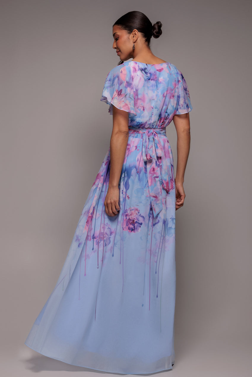 Goddiva Printed Silky Chiffon Flutter Sleeve Maxi Dress - Blue