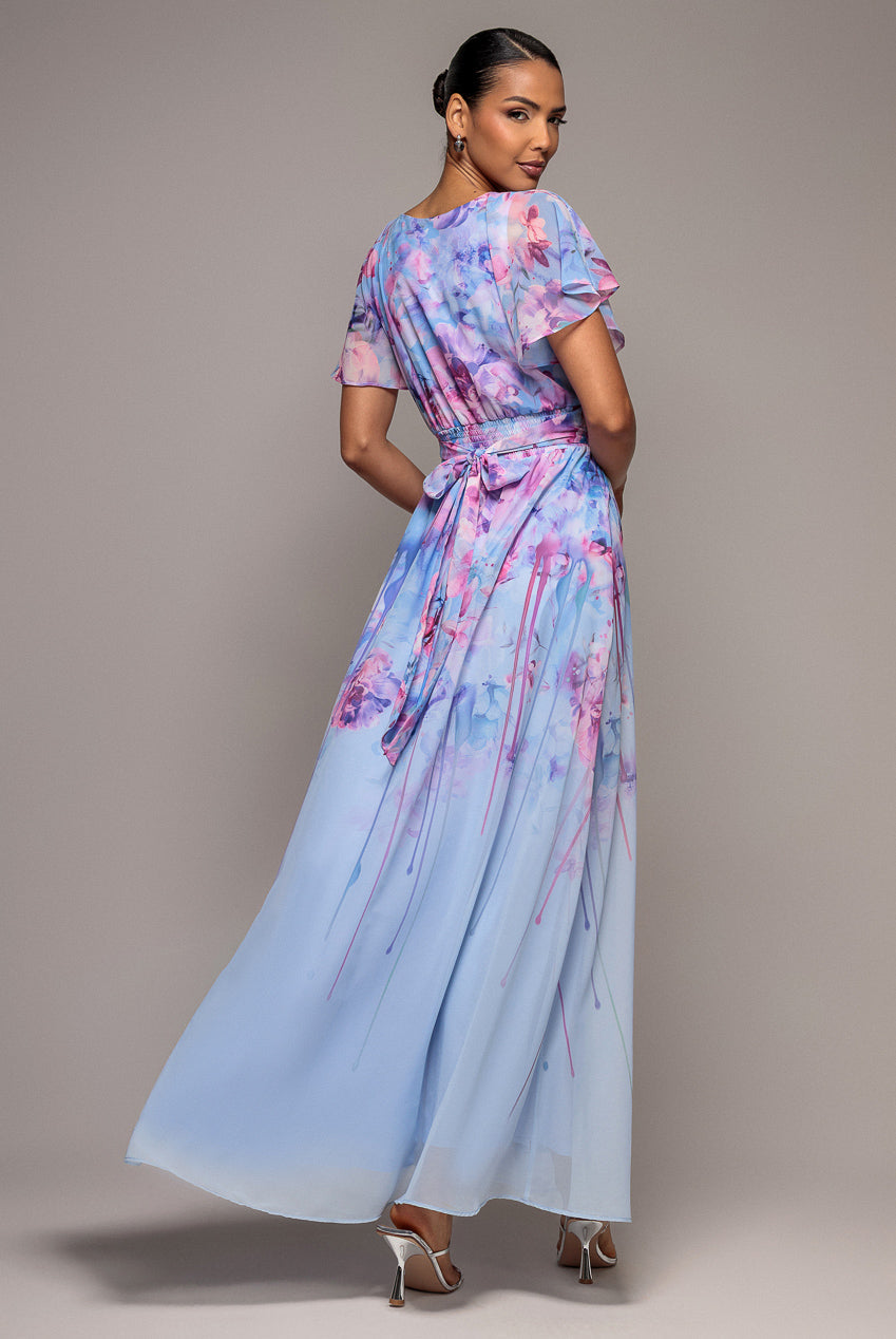 Goddiva Printed Silky Chiffon Flutter Sleeve Maxi Dress - Blue