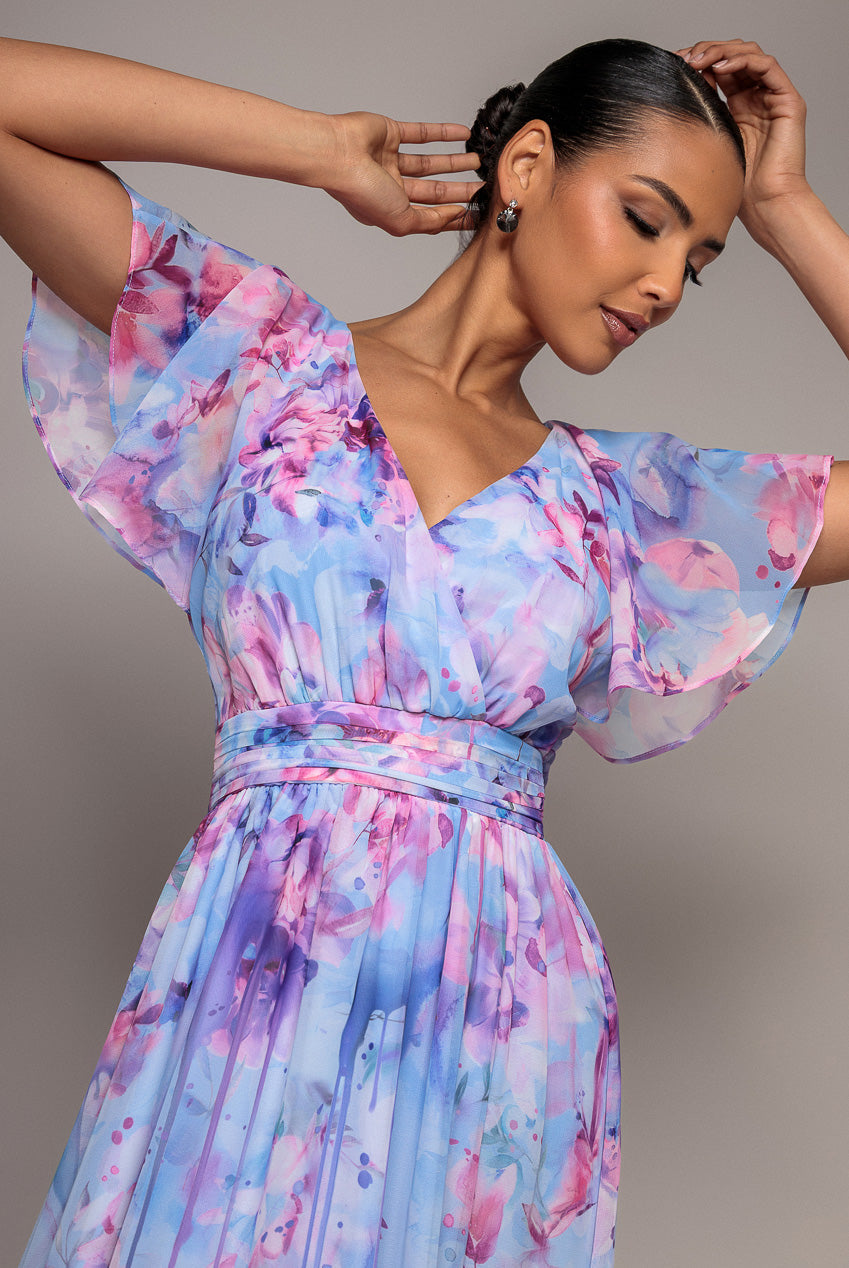 Goddiva Printed Silky Chiffon Flutter Sleeve Maxi Dress - Blue