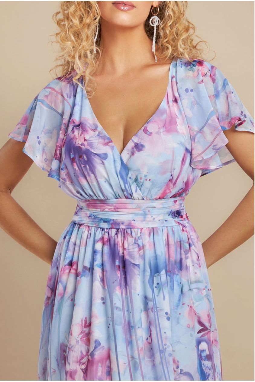Goddiva Printed Silky Chiffon Flutter Sleeve Maxi Dress - Blue