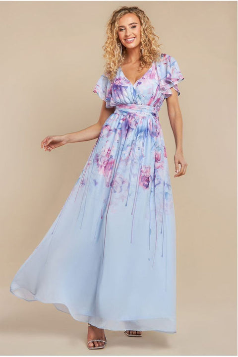 Goddiva Printed Silky Chiffon Flutter Sleeve Maxi Dress - Blue