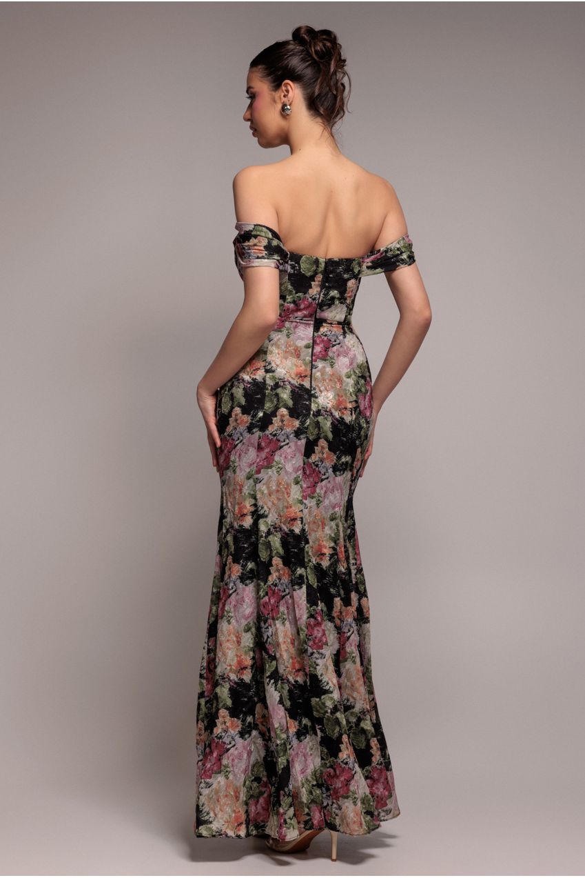 Goddiva Cowl Neck Floral Print Jacquard Chiffon Maxi Dress - Black
