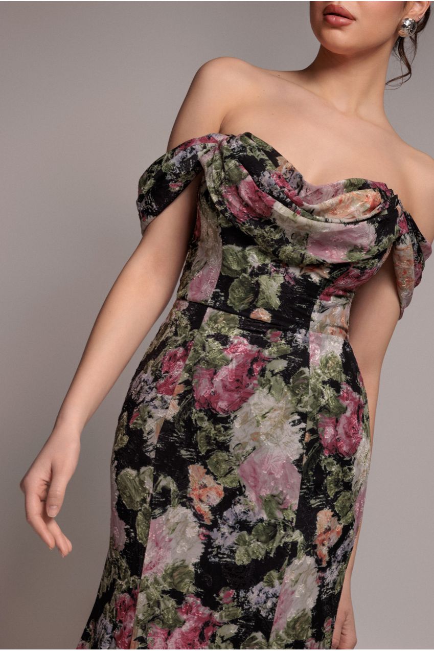 Goddiva Cowl Neck Floral Print Jacquard Chiffon Maxi Dress - Black