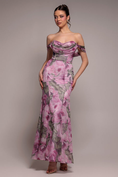 Goddiva Cowl Neck Floral Print Jacquard Chiffon Maxi Dress - Blush Pink