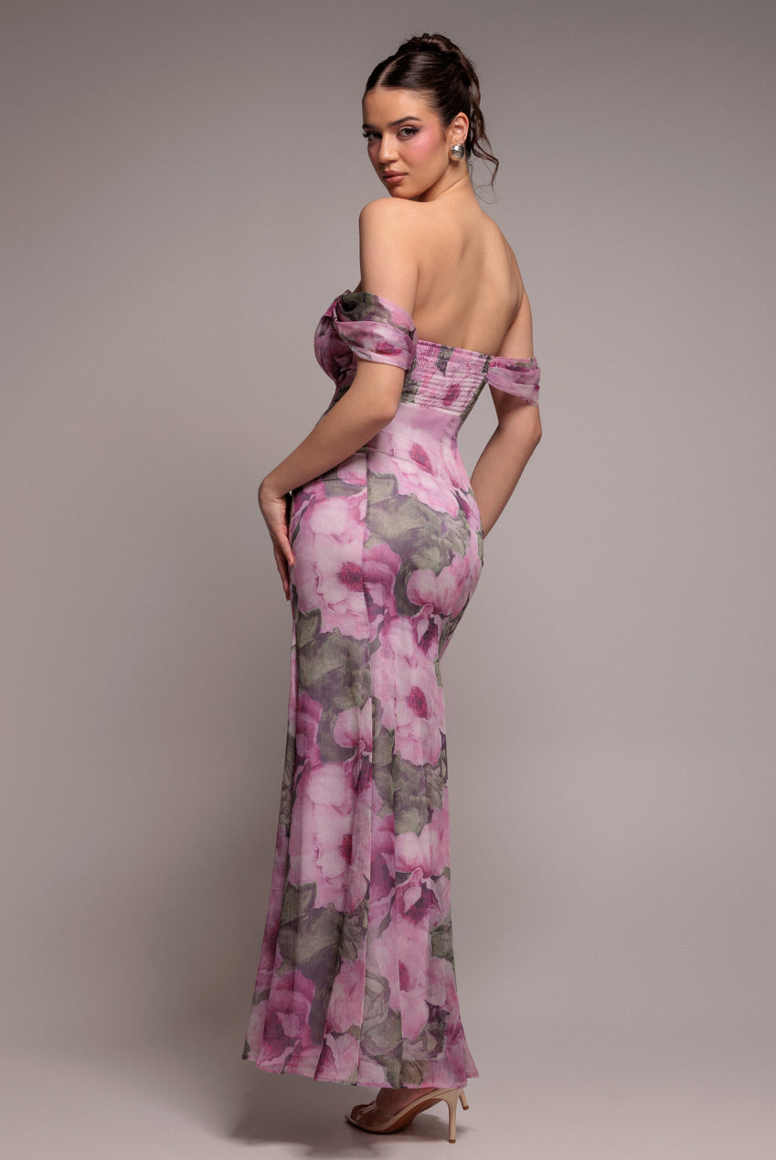 Goddiva Cowl Neck Floral Print Jacquard Chiffon Maxi Dress - Blush Pink