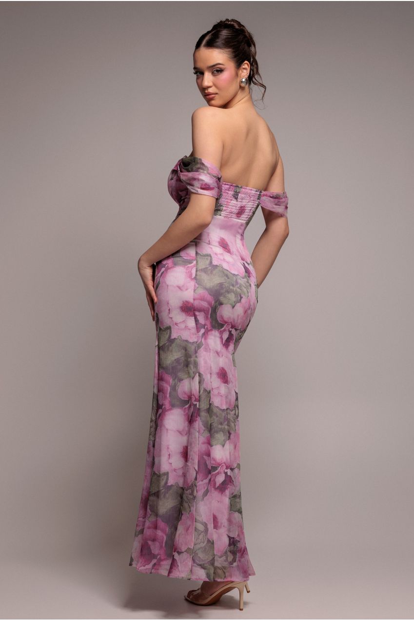 Goddiva Cowl Neck Floral Print Jacquard Chiffon Maxi Dress - Blush Pink